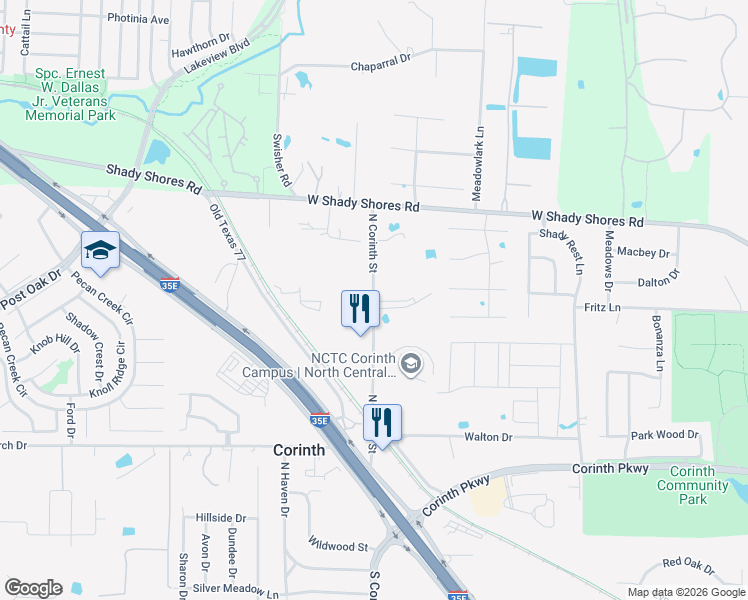 map of restaurants, bars, coffee shops, grocery stores, and more near 1212 North Corinth Street in Corinth