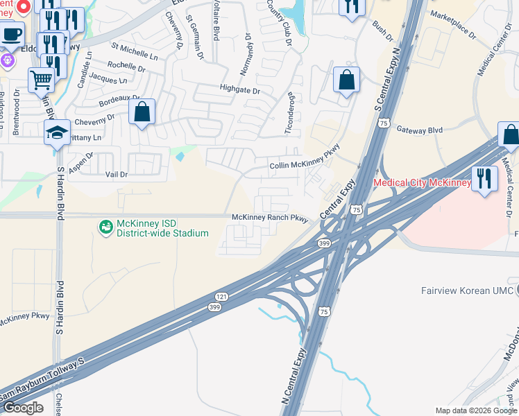 map of restaurants, bars, coffee shops, grocery stores, and more near 2450 McKinney Ranch Parkway in McKinney