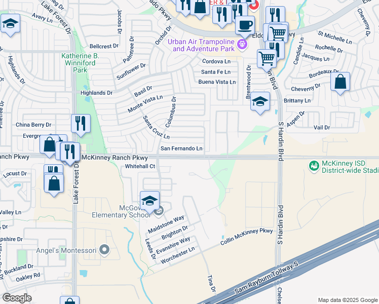 map of restaurants, bars, coffee shops, grocery stores, and more near 4407 San Fernando Lane in McKinney