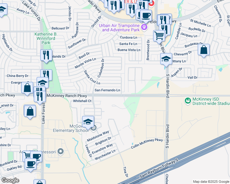 map of restaurants, bars, coffee shops, grocery stores, and more near 4407 San Fernando Lane in McKinney