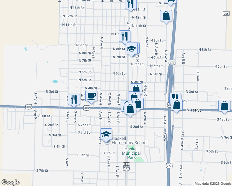 map of restaurants, bars, coffee shops, grocery stores, and more near 200 North Avenue F in Haskell