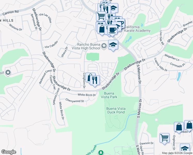 map of restaurants, bars, coffee shops, grocery stores, and more near 2054 Bravado Street in Vista