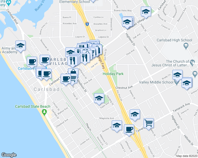 map of restaurants, bars, coffee shops, grocery stores, and more near 3300 Harding Street in Carlsbad