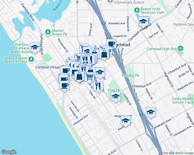 map of restaurants, bars, coffee shops, grocery stores, and more near 3169 Madison Street in Carlsbad