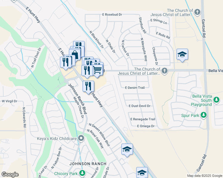 map of restaurants, bars, coffee shops, grocery stores, and more near 828 East Denim Trail in San Tan Valley