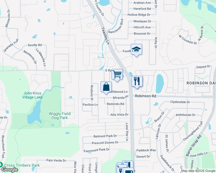 map of restaurants, bars, coffee shops, grocery stores, and more near 3948 Overlake Drive in Denton