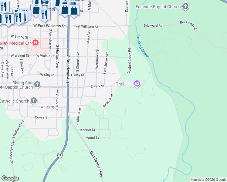 map of restaurants, bars, coffee shops, grocery stores, and more near 504 Finley Avenue in Sylacauga