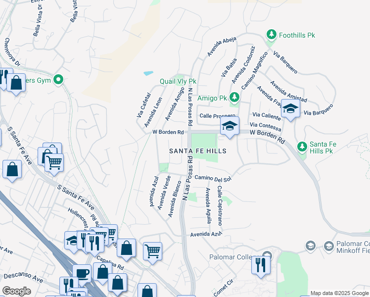 map of restaurants, bars, coffee shops, grocery stores, and more near 1705 North Las Posas Road in San Marcos