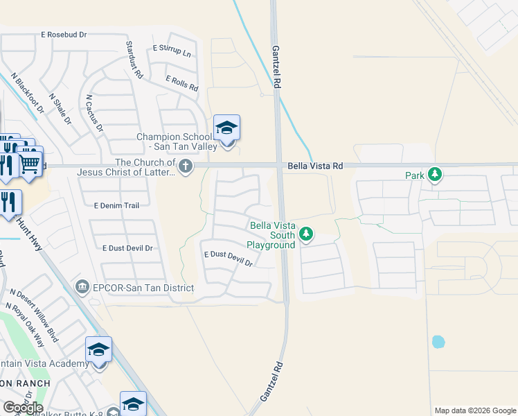 map of restaurants, bars, coffee shops, grocery stores, and more near 1966 East Denim Trail in Queen Creek