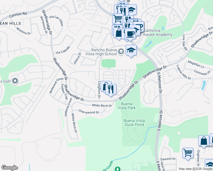 map of restaurants, bars, coffee shops, grocery stores, and more near 2039 Freedom Way in Vista
