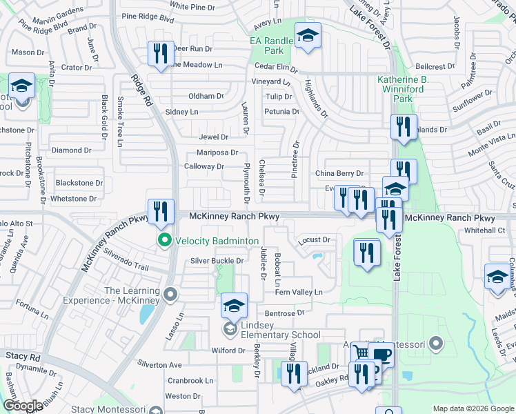 map of restaurants, bars, coffee shops, grocery stores, and more near 4000 Pecan Trails Drive in McKinney