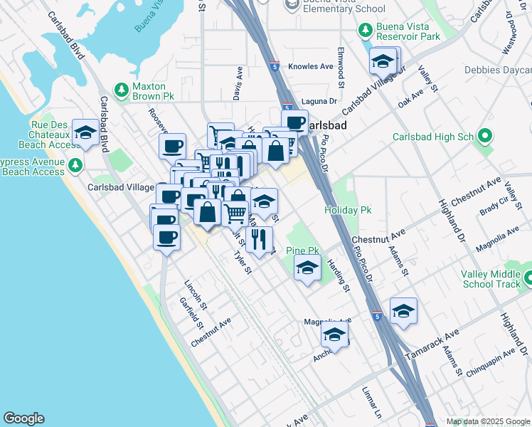 map of restaurants, bars, coffee shops, grocery stores, and more near 3169 Madison Street in Carlsbad
