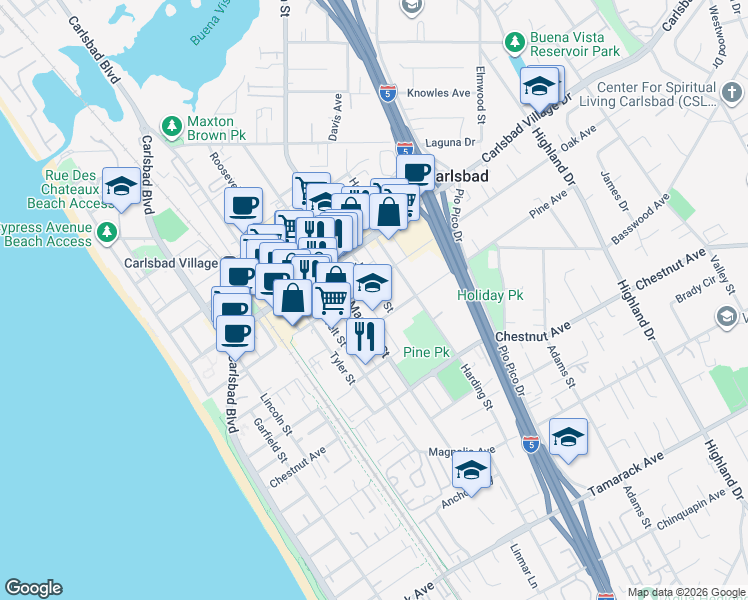 map of restaurants, bars, coffee shops, grocery stores, and more near 3169 Madison Street in Carlsbad