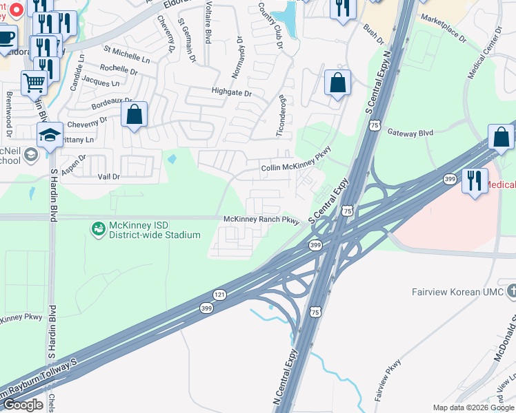 map of restaurants, bars, coffee shops, grocery stores, and more near 2450 McKinney Ranch Parkway in McKinney