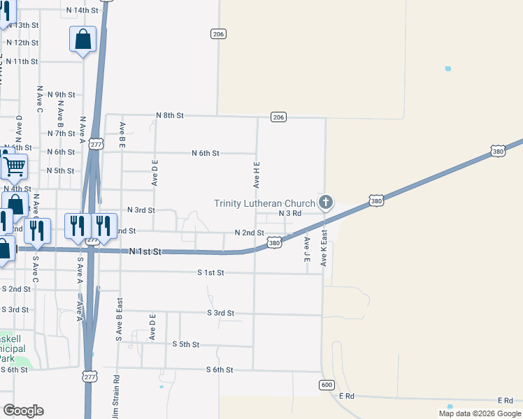 map of restaurants, bars, coffee shops, grocery stores, and more near 805 North 3rd Street in Haskell