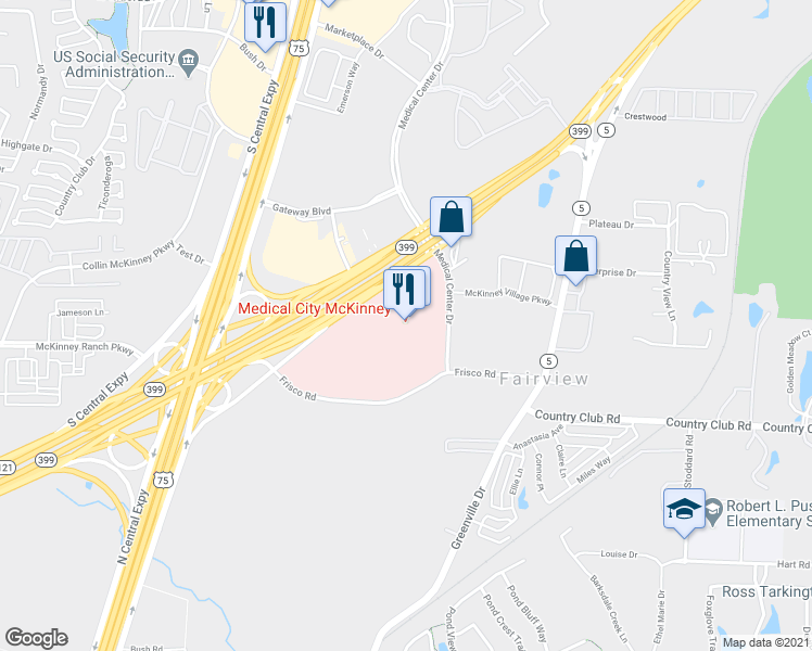 map of restaurants, bars, coffee shops, grocery stores, and more near 4500 Medical Center Drive in McKinney