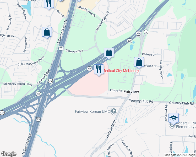 map of restaurants, bars, coffee shops, grocery stores, and more near 4510 Medical Center Drive in McKinney
