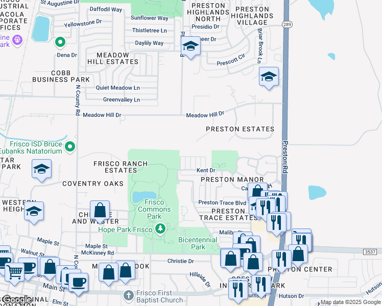 map of restaurants, bars, coffee shops, grocery stores, and more near 9940 Miller Place in Frisco