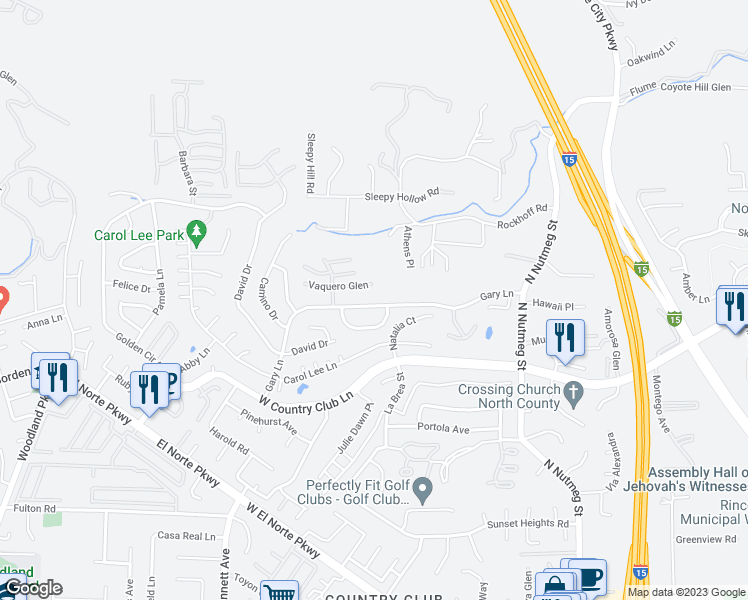 map of restaurants, bars, coffee shops, grocery stores, and more near 1422 Gary Lane in Escondido