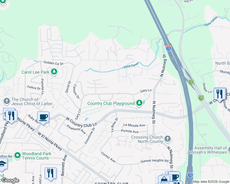 map of restaurants, bars, coffee shops, grocery stores, and more near 1315 Gary Lane in Escondido