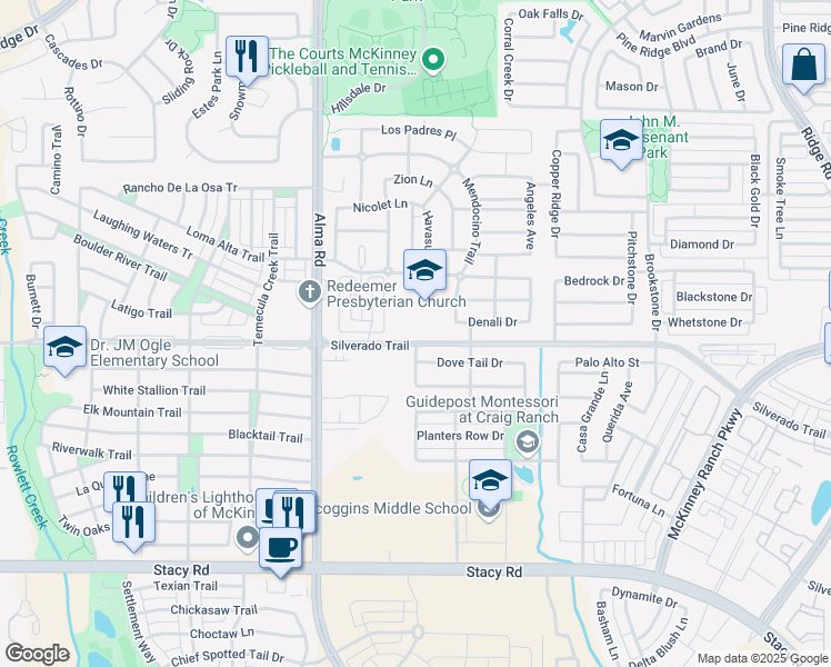 map of restaurants, bars, coffee shops, grocery stores, and more near 7152 Silverado Trail in McKinney