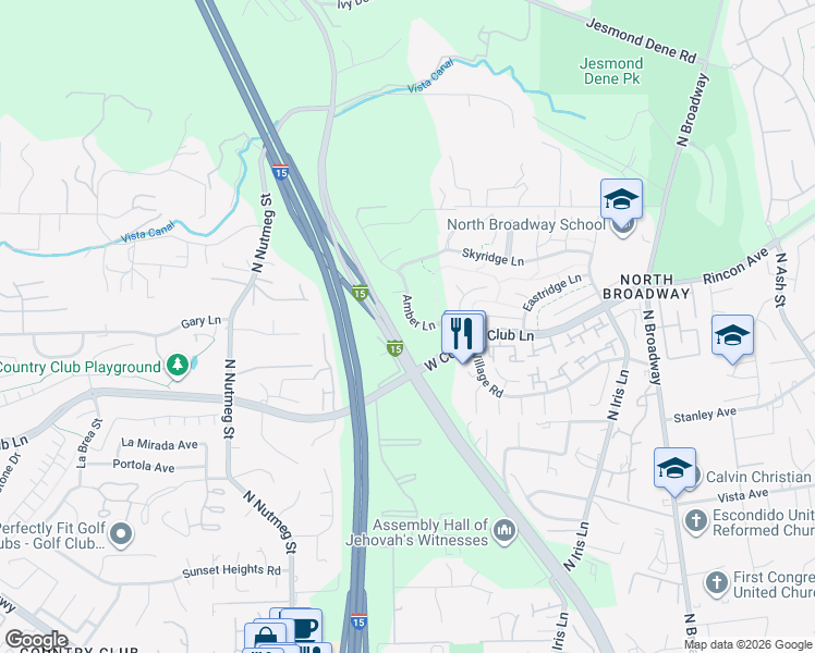 map of restaurants, bars, coffee shops, grocery stores, and more near 2209 Amber Lane in Escondido