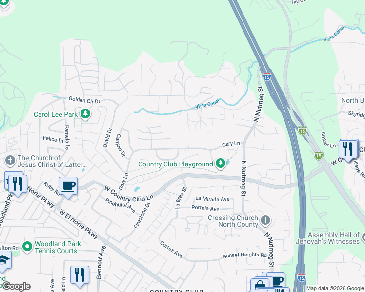 map of restaurants, bars, coffee shops, grocery stores, and more near 1315 Gary Lane in Escondido
