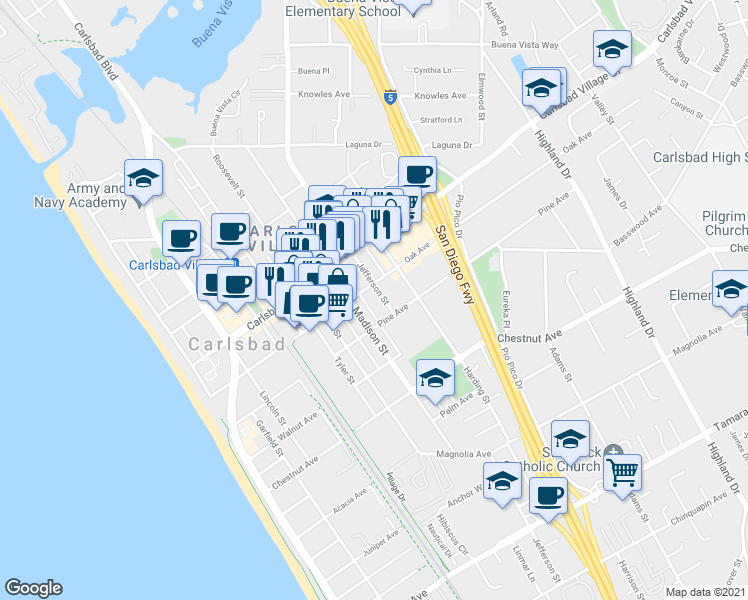 map of restaurants, bars, coffee shops, grocery stores, and more near 3169 Madison Street in Carlsbad