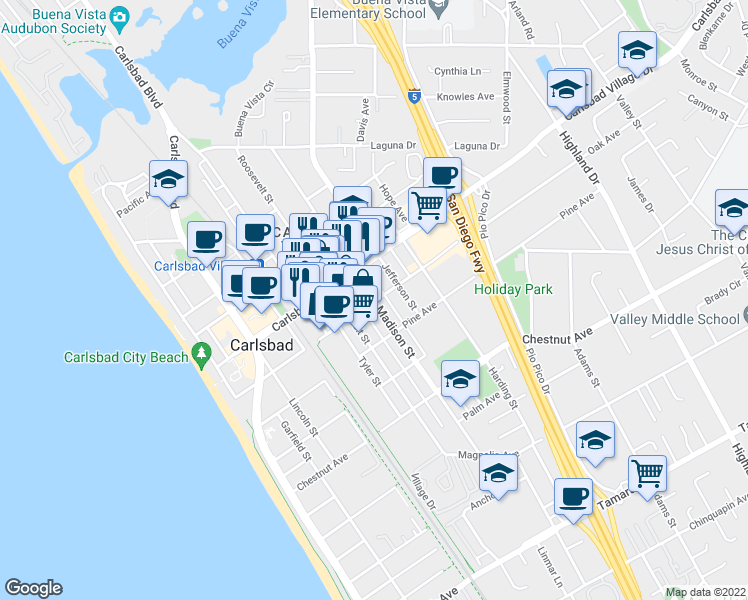 map of restaurants, bars, coffee shops, grocery stores, and more near 3097 Madison Street in Carlsbad