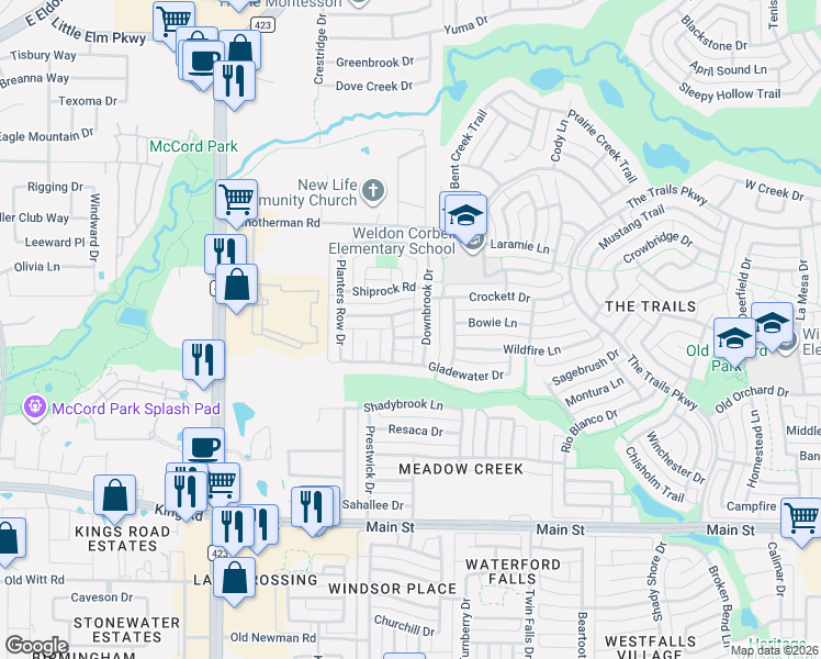 map of restaurants, bars, coffee shops, grocery stores, and more near 934 Gladewater Drive in Frisco