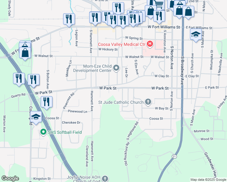 map of restaurants, bars, coffee shops, grocery stores, and more near 302 South Oak Avenue in Sylacauga