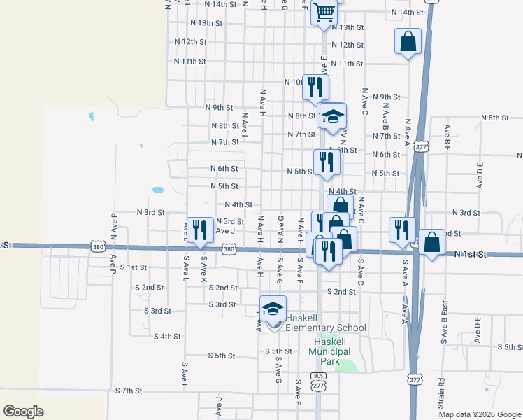 map of restaurants, bars, coffee shops, grocery stores, and more near 805 North 3rd Street in Haskell
