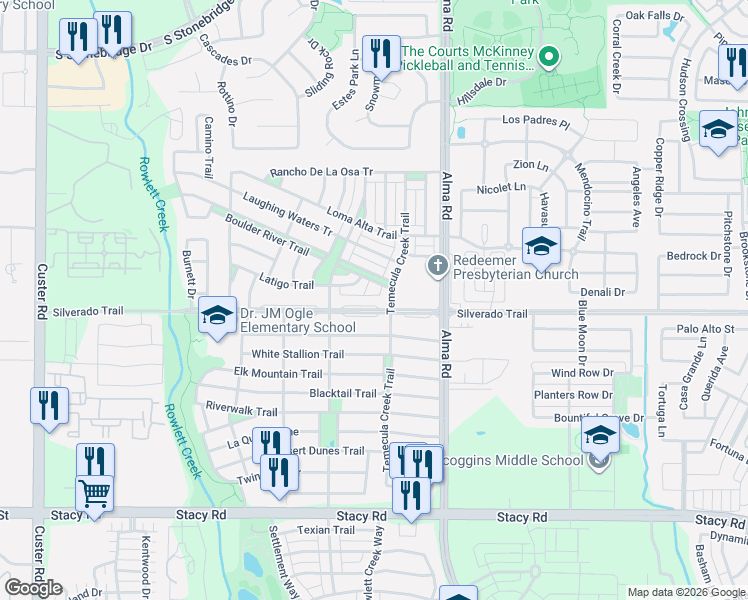 map of restaurants, bars, coffee shops, grocery stores, and more near 7701 Pleasant Valley Trail in McKinney