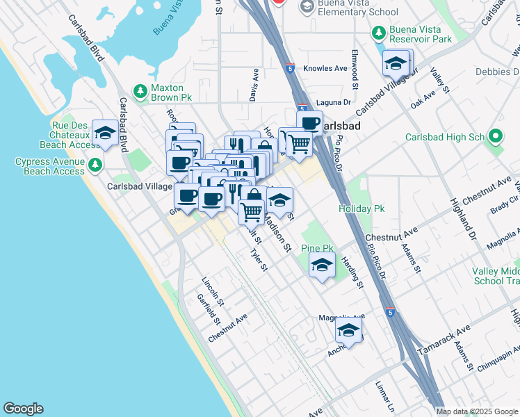 map of restaurants, bars, coffee shops, grocery stores, and more near 675 Carlsbad Village Drive in Carlsbad
