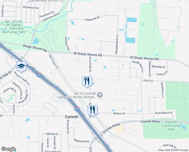 map of restaurants, bars, coffee shops, grocery stores, and more near 1119 N Corinth St in Corinth