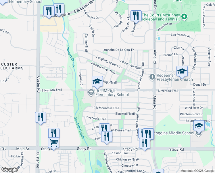 map of restaurants, bars, coffee shops, grocery stores, and more near 3825 Bitterroot Trail in McKinney