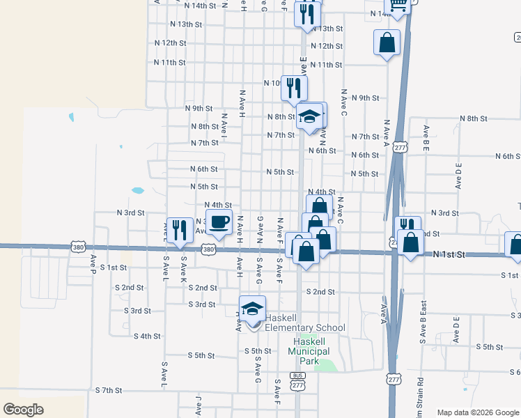 map of restaurants, bars, coffee shops, grocery stores, and more near 307 North Avenue G in Haskell