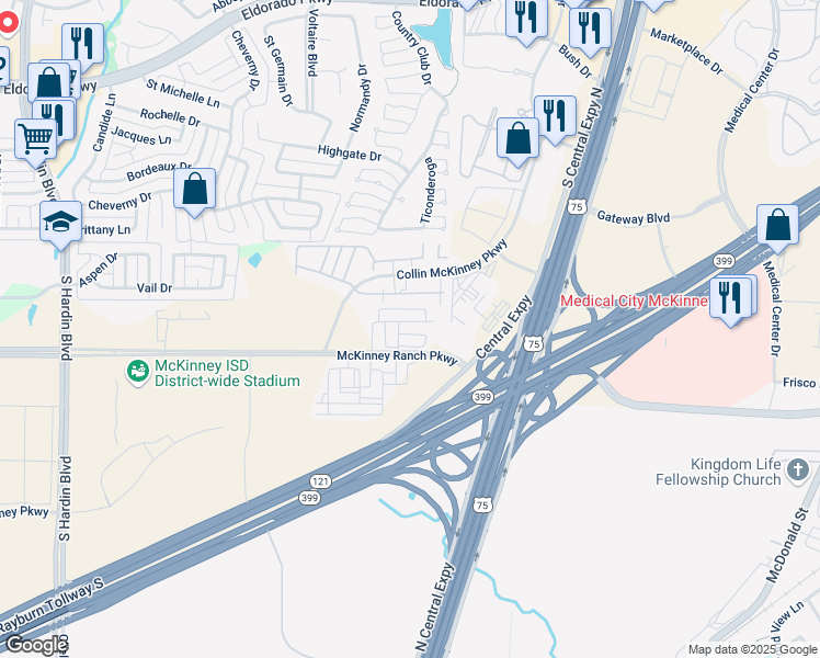 map of restaurants, bars, coffee shops, grocery stores, and more near 2212 Jameson Lane in McKinney