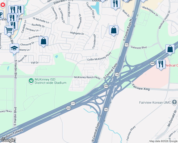 map of restaurants, bars, coffee shops, grocery stores, and more near 2212 Jameson Lane in McKinney