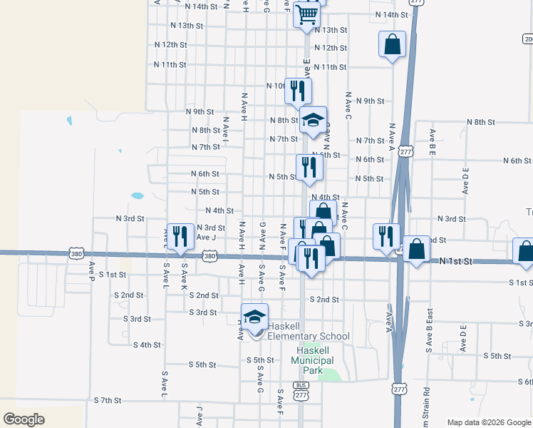 map of restaurants, bars, coffee shops, grocery stores, and more near 307 North Avenue G in Haskell