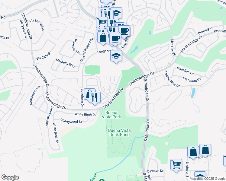 map of restaurants, bars, coffee shops, grocery stores, and more near 1833 Monserrat Way in Vista