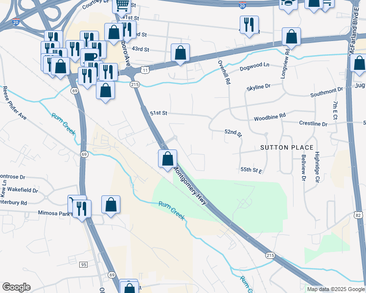map of restaurants, bars, coffee shops, grocery stores, and more near 5501 Old Montgomery Highway in Tuscaloosa