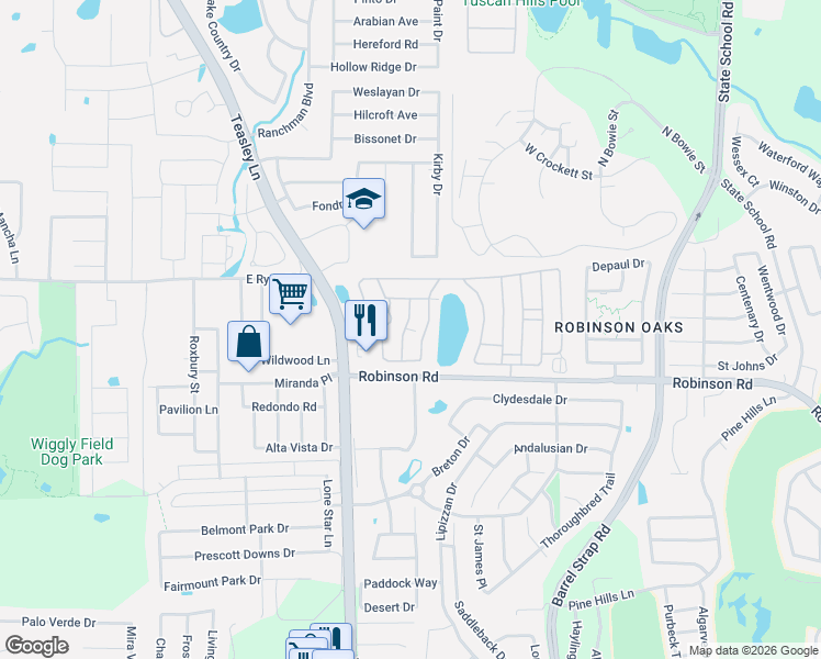 map of restaurants, bars, coffee shops, grocery stores, and more near 405 Lakeshore Lane in Denton