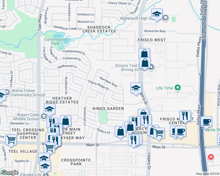 map of restaurants, bars, coffee shops, grocery stores, and more near 9906 Divine Court in Frisco
