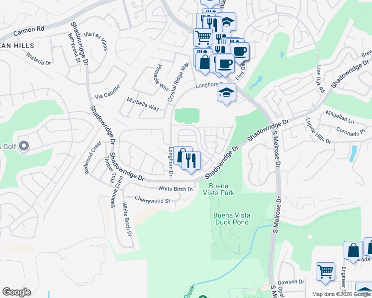 map of restaurants, bars, coffee shops, grocery stores, and more near 2039 Freedom Way in Vista