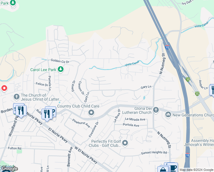map of restaurants, bars, coffee shops, grocery stores, and more near 1445 Vaquero Glen in Escondido