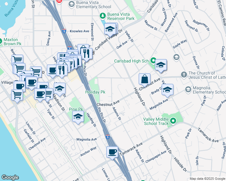 map of restaurants, bars, coffee shops, grocery stores, and more near 3390 Adams Street in Carlsbad