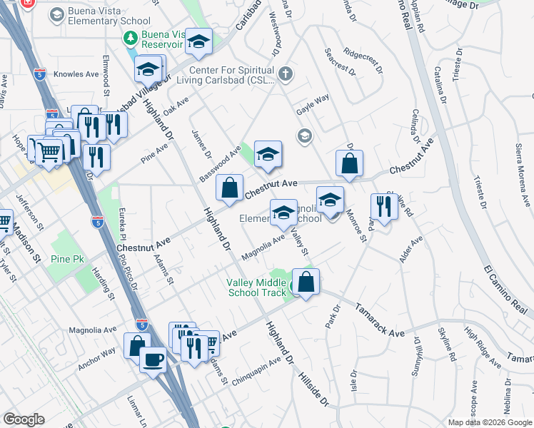 map of restaurants, bars, coffee shops, grocery stores, and more near 1683 Brady Circle in Carlsbad