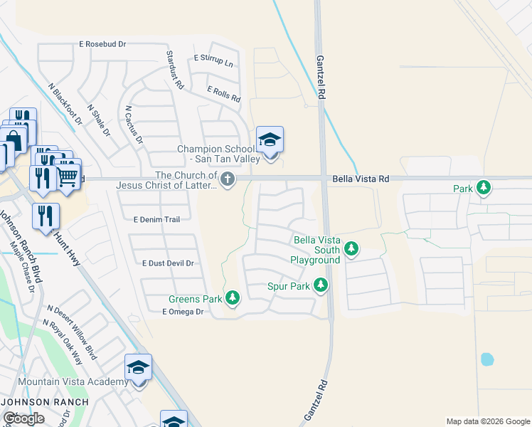 map of restaurants, bars, coffee shops, grocery stores, and more near 1751 East Cowboy Cove Trail in San Tan Valley