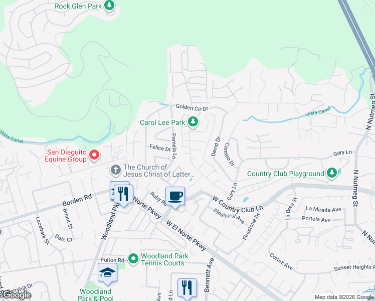 map of restaurants, bars, coffee shops, grocery stores, and more near 1999 Copernicus Court in Escondido
